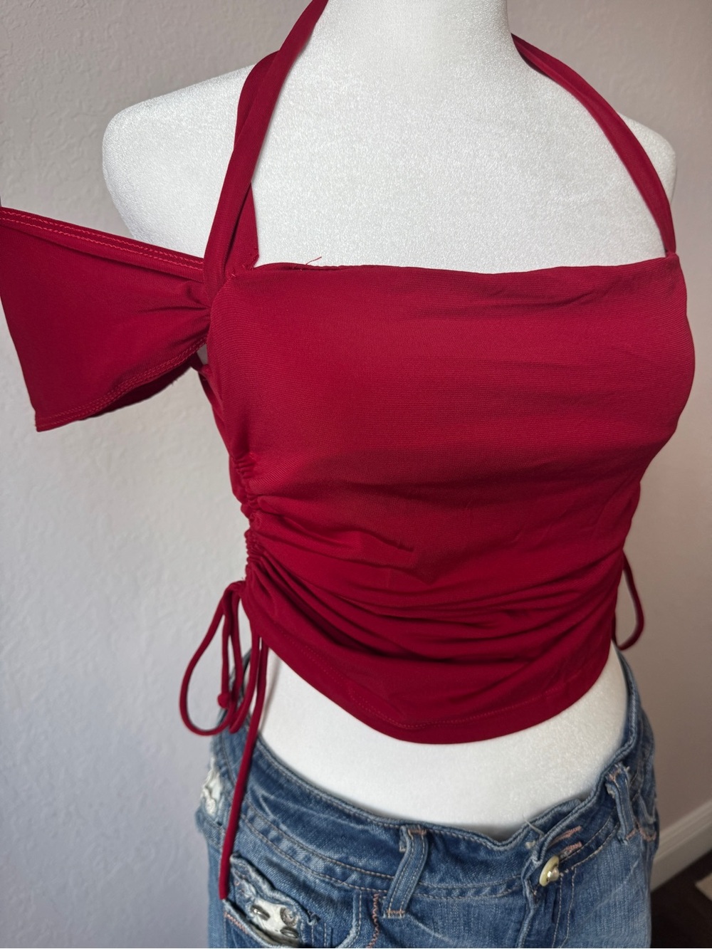 Y2K Wet Seal Red Ruched Halter Top Adjustable Tie Side - Picture 6 of 9